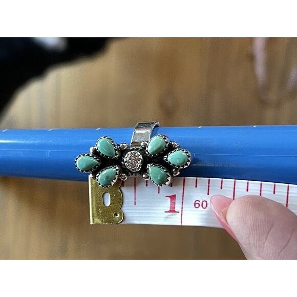 Kingman Turquoise & Moissanite Cluster Sterling Adjustable Ring-Southwest 5.5-7 - Picture 9 of 9